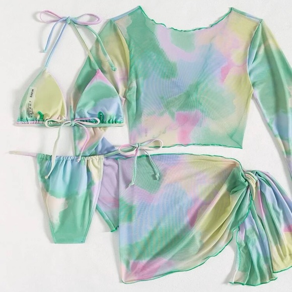 4pcs Tie Dye Halter Triangle Bikini Swimsuit & Cover Up Top With Skirt Set - Picture 2 of 2